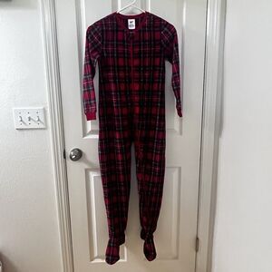 Lands' End Red Plaid One Piece Fleece Footie Zippy Pajamas Christmas Youth SZ 8